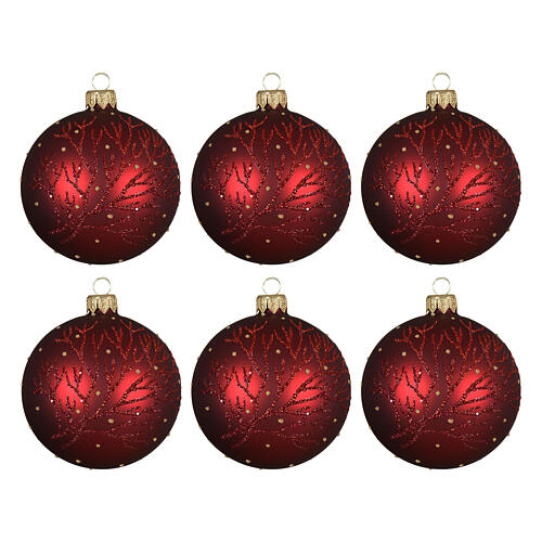 Set of 6 matte red glass Christmas balls with branch pattern, 3 in 1