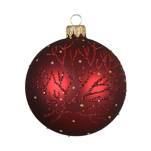 Conjunto 6 bolas de Natal vermelhas vidro opaco padrão galhos 8 cm 2