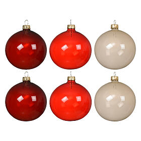 Set 6 palline lucide rosso scuro, rosso e bianco vetro trasparente 8 cm