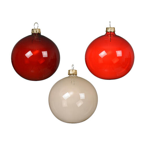 Conjunto 6 bolas natalinas transparentes de vidro vermelho escuro, vermelho e branco de 8 cm 2