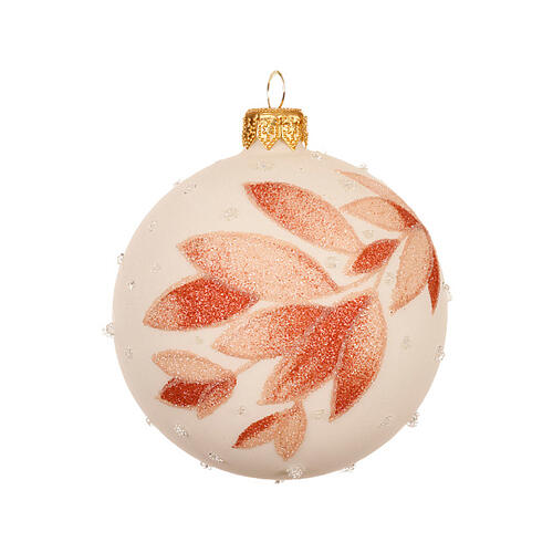 Weihnachtsbaumschmuck, 6-teiliges Set, weiße Kugeln mit Blattdekor in Rot und Gold, matte Oberfläche, Glas – Ø 8 cm 2