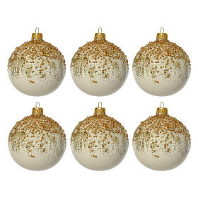 Set of 6 Christmas baubles, white glass with golden glitter, 3 in