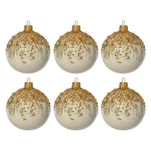 Set of 6 Christmas baubles, white glass with golden glitter, 3 in 1