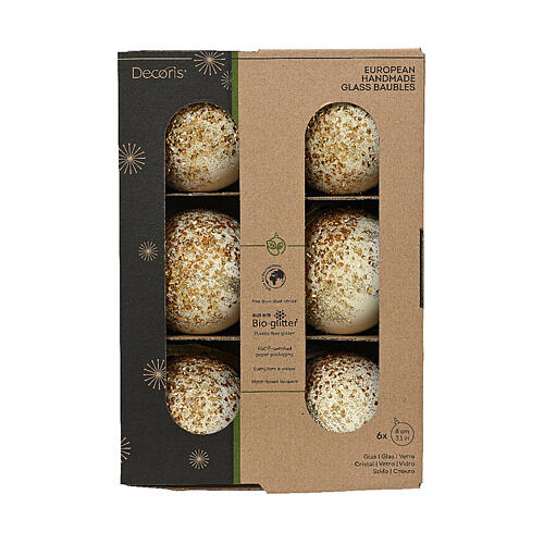 Conjunto de 6 bolas de Natal de vidro brancas com purpurina dourada 8 cm 3