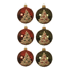 Set of 6 Christmas baubles, shiny red and dark green glass with Christmas tree, 3 in
