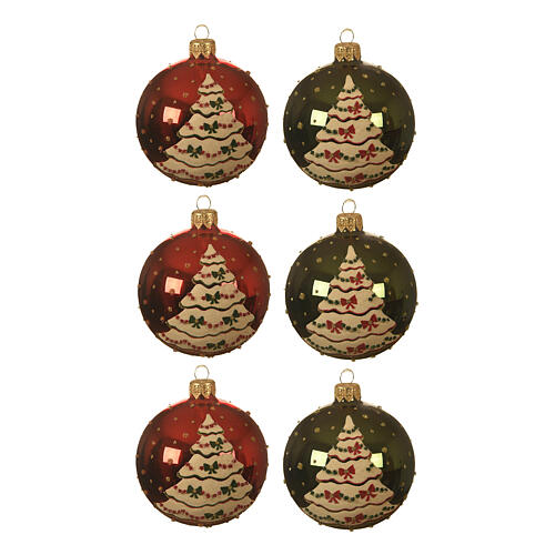 Set of 6 Christmas baubles, shiny red and dark green glass with Christmas tree, 3 in 1