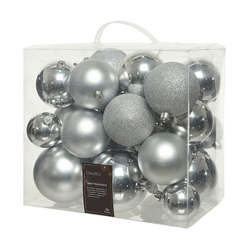 Box of 26 Christmas balls, assorted glossy, matte, and glitter finishes, recycled plastic 1
