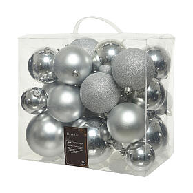 Box of 26 Christmas balls assorted shiny, matte, and glitter diff diameters recycled plastic