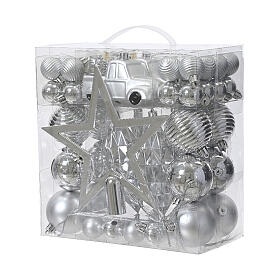 Mix box 67 ornaments shiny and matte silver balls various shapes recycled plastic