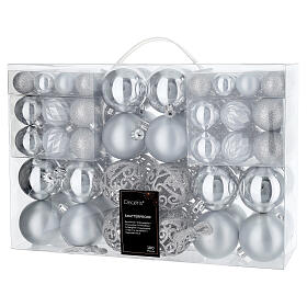 Box of 100 assorted silver Christmas balls, glossy, matte, and glitter finish, recycled plastic