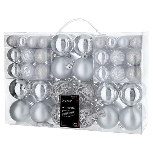 Box of 100 assorted silver Christmas balls, glossy, matte, and glitter finish, recycled plastic 1