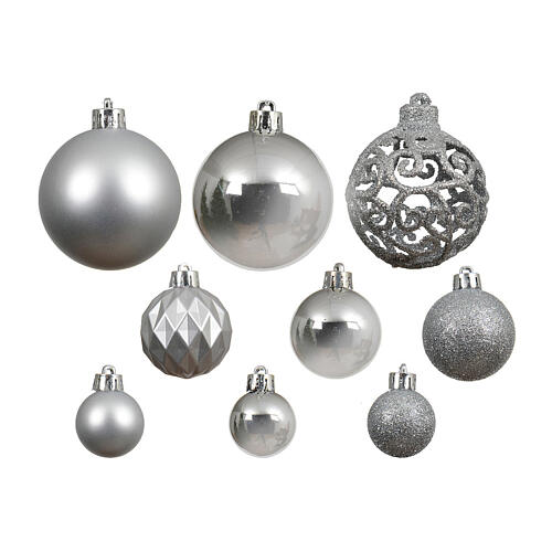 Box of 100 assorted silver Christmas balls, glossy, matte, and glitter finish, recycled plastic 2