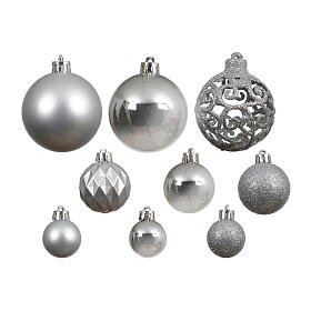 Box 100 boules de Noël argentées assortiment brillantes mates et pailletées diamètres variés plastique recyclé