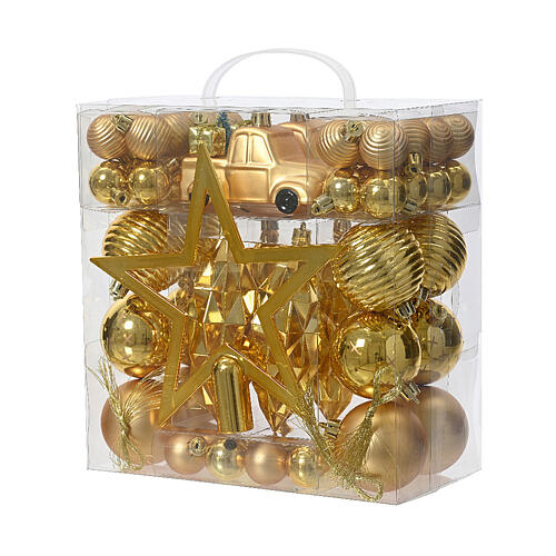 Weihnachtsbaumschmuck, 67-teiliges Set, goldfarbene Kugeln in matt und glänzend, verschiedene Formen, recycelter Kunststoff – Ø 3–6 cm 1