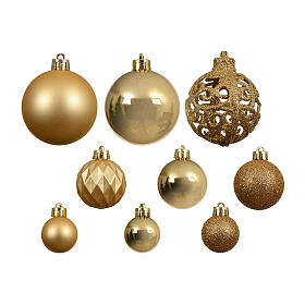 Weihnachtsbaumschmuck, 100-teiliges Set, goldfarbene Kugeln in glänzend, matt und glitzernd, verschiedene Größen, recycelter Kunststoff – Ø 3–6 cm