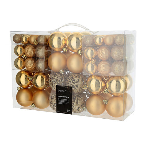Weihnachtsbaumschmuck, 100-teiliges Set, goldfarbene Kugeln in glänzend, matt und glitzernd, verschiedene Größen, recycelter Kunststoff – Ø 3–6 cm 1