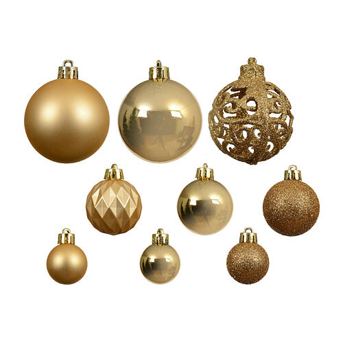 Boîte 100 boules de Noël dorées mix finition brillante mate et pailletée diamètres assortis plastique recyclé 2