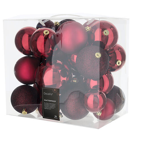 Set of 26 dark red shiny, matte, and glitter Christmas balls, assorted diameter, recycled plastic 1