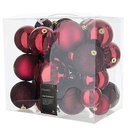 Set of 26 glossy, matte, and glittery dark red plastic balls assorted diameters