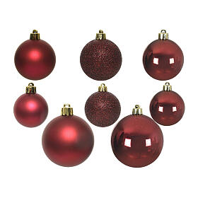 Set of 26 glossy, matte, and glittery dark red plastic balls assorted diameters