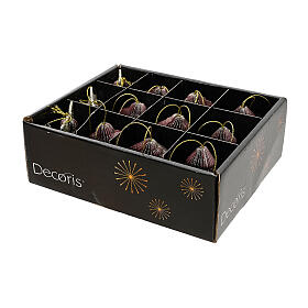 Caja 12 adornos papel borgoña acabados oro varias figuras 6x6 cm