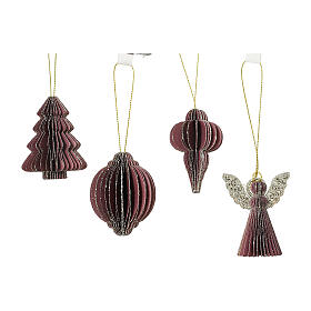 Boîte 12 décorations en papier bordeaux finitions or formes variées 6x6 cm