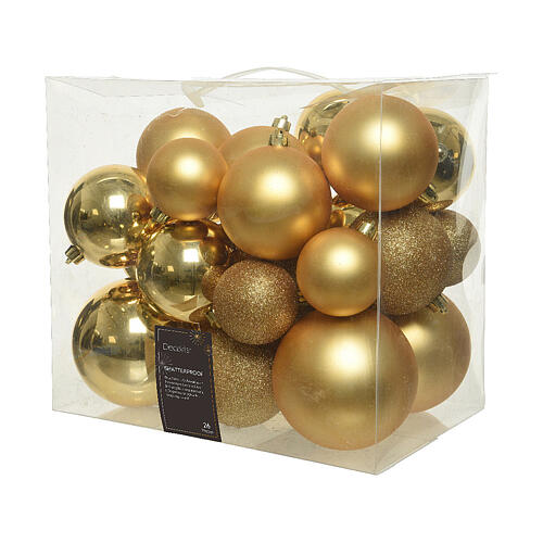 Weihnachtsbaumschmuck, 26-teiliges Set, goldfarbene Kugeln in glänzend, matt und glitzernd, verschiedene Größen, recycelter Kunststoff – Ø 6–10 cm 2