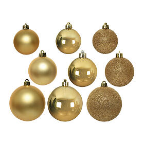 Box of 26 shiny, matte, and glittery gold balls assorted diameters recycled plastic