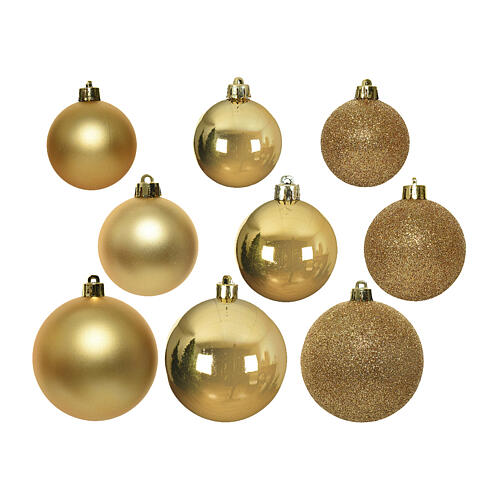 Box of 26 shiny, matte, and glittery gold balls assorted diameters recycled plastic 1