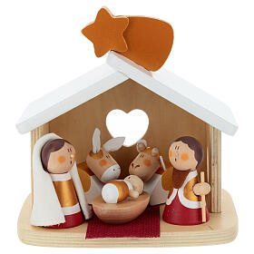 Nativity Scene by Sevi with ox and donkey, set of 7, painted wood, 6 cm