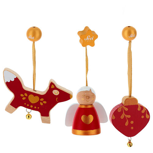 Set décorations de Noël Sevi rouges et dorées 3 pièces bois peint 1