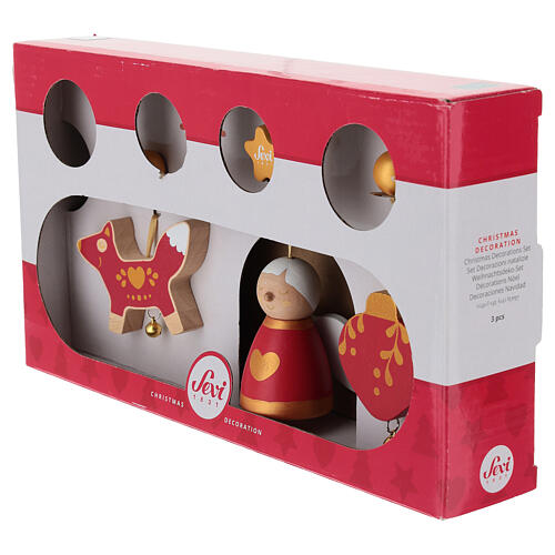 Set décorations de Noël Sevi rouges et dorées 3 pièces bois peint 6