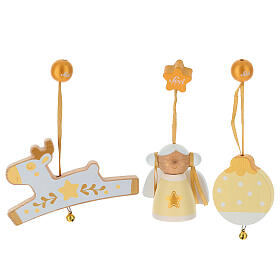 Ensemble Décorations de Noël Sevi blanches et jaunes 3 pièces bois peint