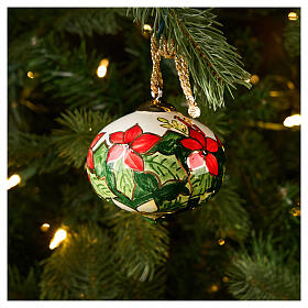 Keramikkugel, Zwiebel-Form, Weihnachtsblüten & Kerzen, 8 cm, handbemalt – Dellarte Ceramiche