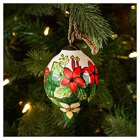 Drop-shaped Christmas ball painted with candles and flowers by Dellarte Ceramiche, 3 in