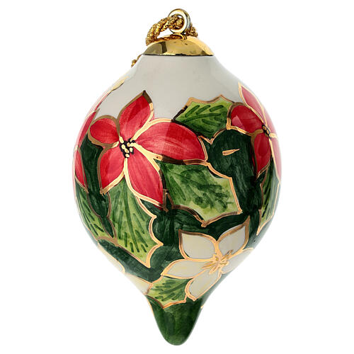 Drop-shaped Christmas ball painted with candles and flowers by Dellarte Ceramiche, 3 in 4