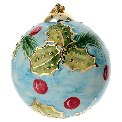 Hand-painted 4-inch light blue ceramic Christmas ball with holly branch by Dellarte Ceramiche 1