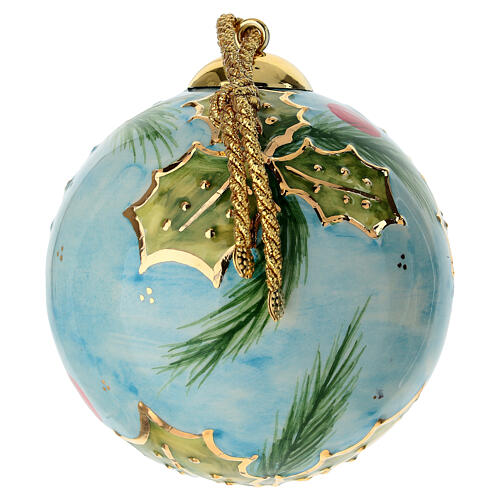Hand-painted 4-inch light blue ceramic Christmas ball with holly branch by Dellarte Ceramiche 3