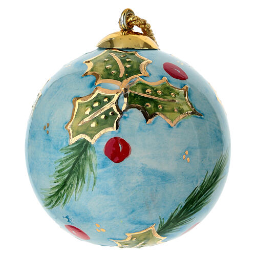 Ceramic Christmas ball by Dellarte Ceramiche, light blue background and holly, 3 in 1