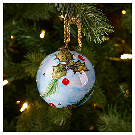 Boule de Noël en céramique 8 cm fond bleu et houx Dellarte Ceramiche