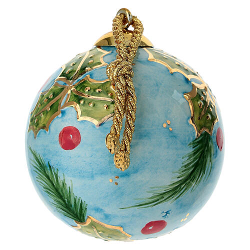 Palla albero natale ceramica fondo celeste e pungitopo 8 cm Dellarte Ceramiche 3