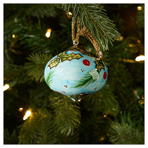 Onion-shaped Christmas ball by Dellarte Ceramiche, light blue background and holly, 3 in 2