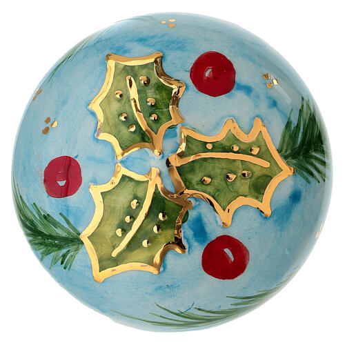 Onion-shaped Christmas ball by Dellarte Ceramiche, light blue background and holly, 3 in 4