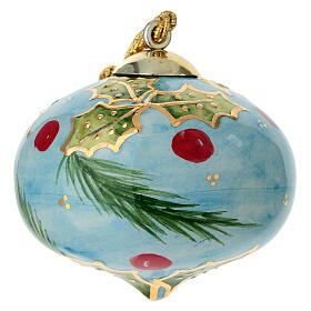 Christmas Onion Ornament Sky Blue Background and Holly, Dellarte Ceramics 8 cm