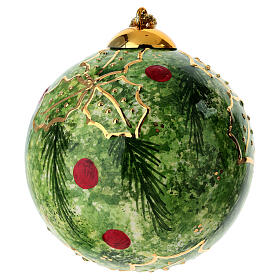 Dark green ceramic Christmas bauble by Dellarte Ceramiche, holly and berries, 4 in