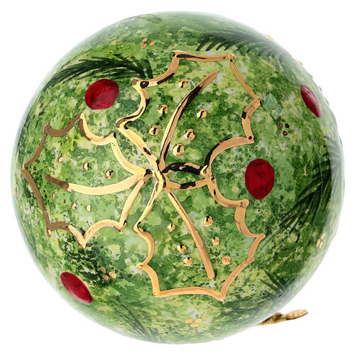 Dark green ceramic Christmas bauble by Dellarte Ceramiche, holly and berries, 4 in 4