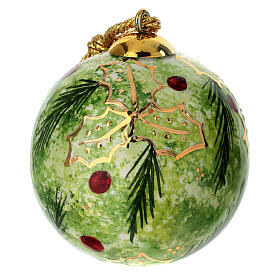 Palla di Natale ceramica fondo verde decoro pungitopo 8 cm Dellarte Ceramiche