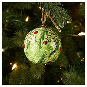 Palla di Natale ceramica fondo verde decoro pungitopo 8 cm Dellarte Ceramiche