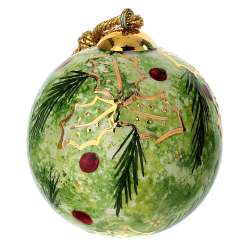 Palla di Natale ceramica fondo verde decoro pungitopo 8 cm Dellarte Ceramiche 1