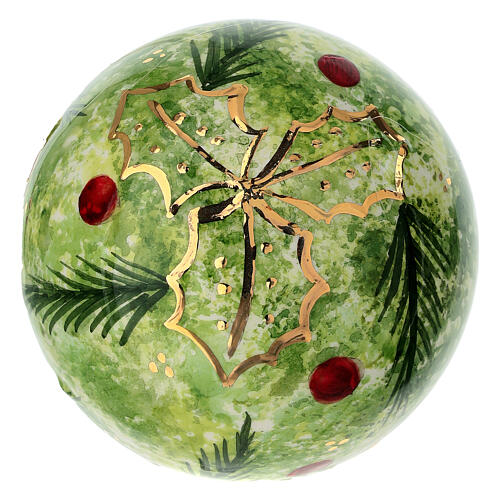 Palla di Natale ceramica fondo verde decoro pungitopo 8 cm Dellarte Ceramiche 3